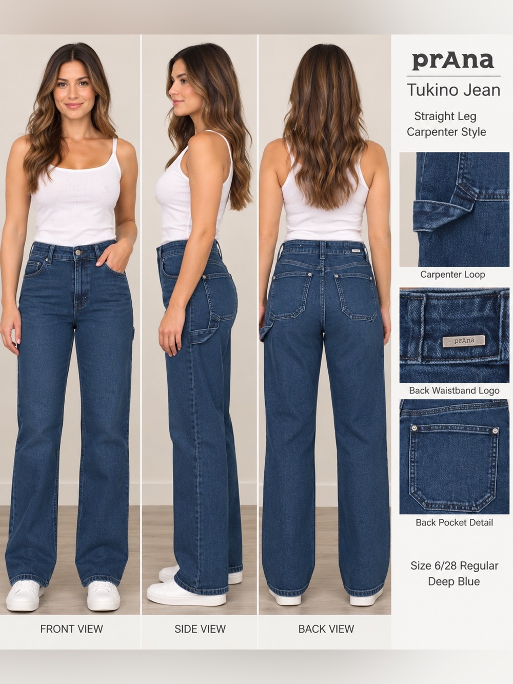 prAna Tukino Jeans Women’s 6/28 Regular Deep Blue Relaxed Fit Organic Cotton